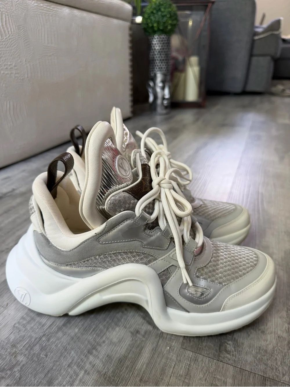 Louis Vuitton White and Silver Sneakers with White and Iridescent Box Bag